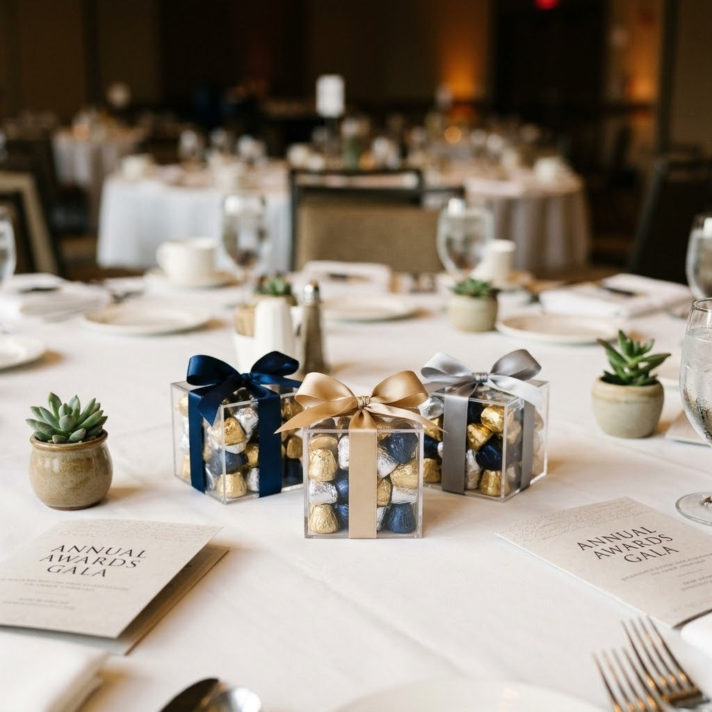 Clear acrylic candy favor cubes filled with chocolate miniatures on a corporate awards dinner table, kosher, made in Chestnut Hill MA
