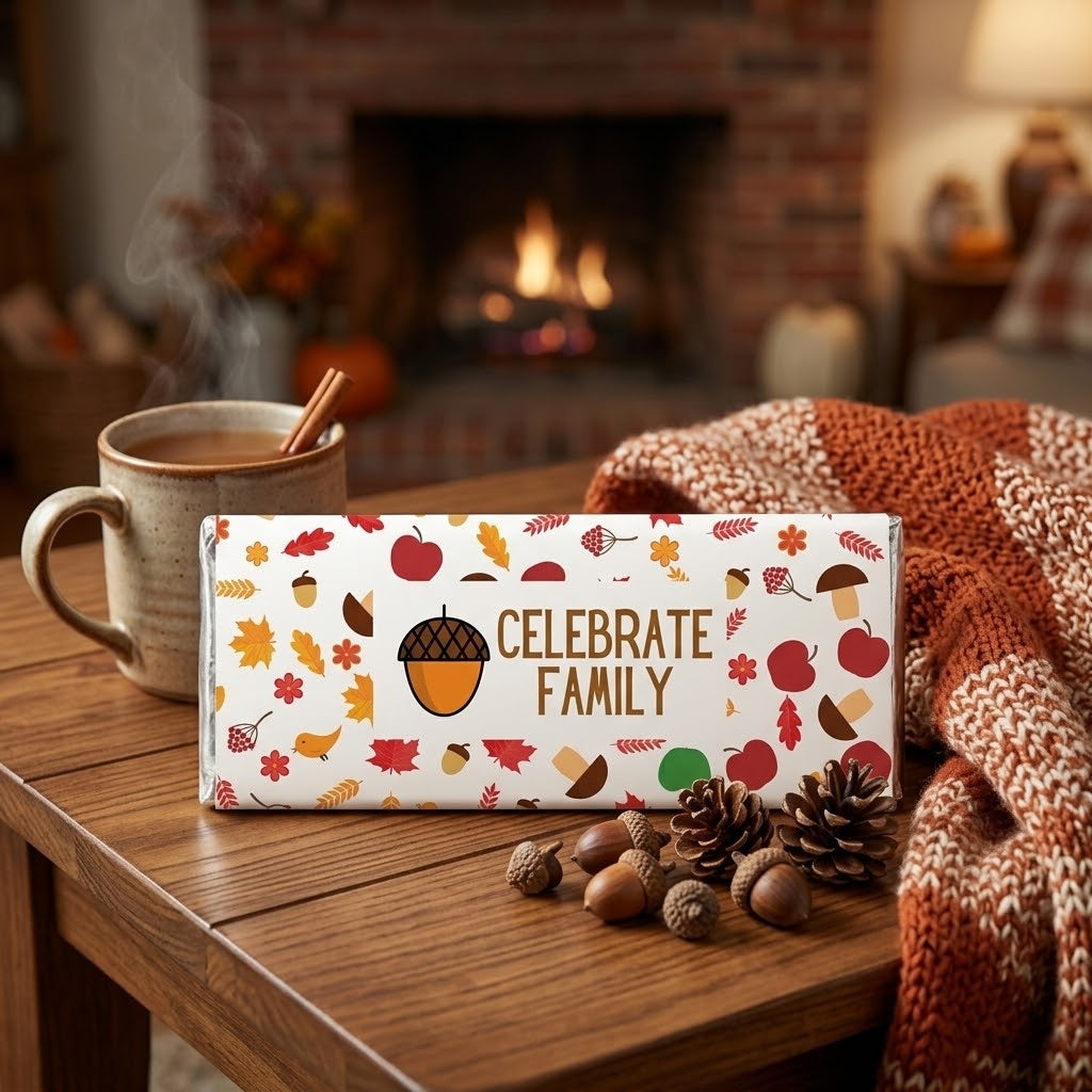 Celebrate Family design, wrapped Hershey bar on a cozy side table near a fireplace