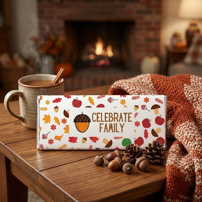 Celebrate Family design, wrapped Hershey bar on a cozy side table near a fireplace