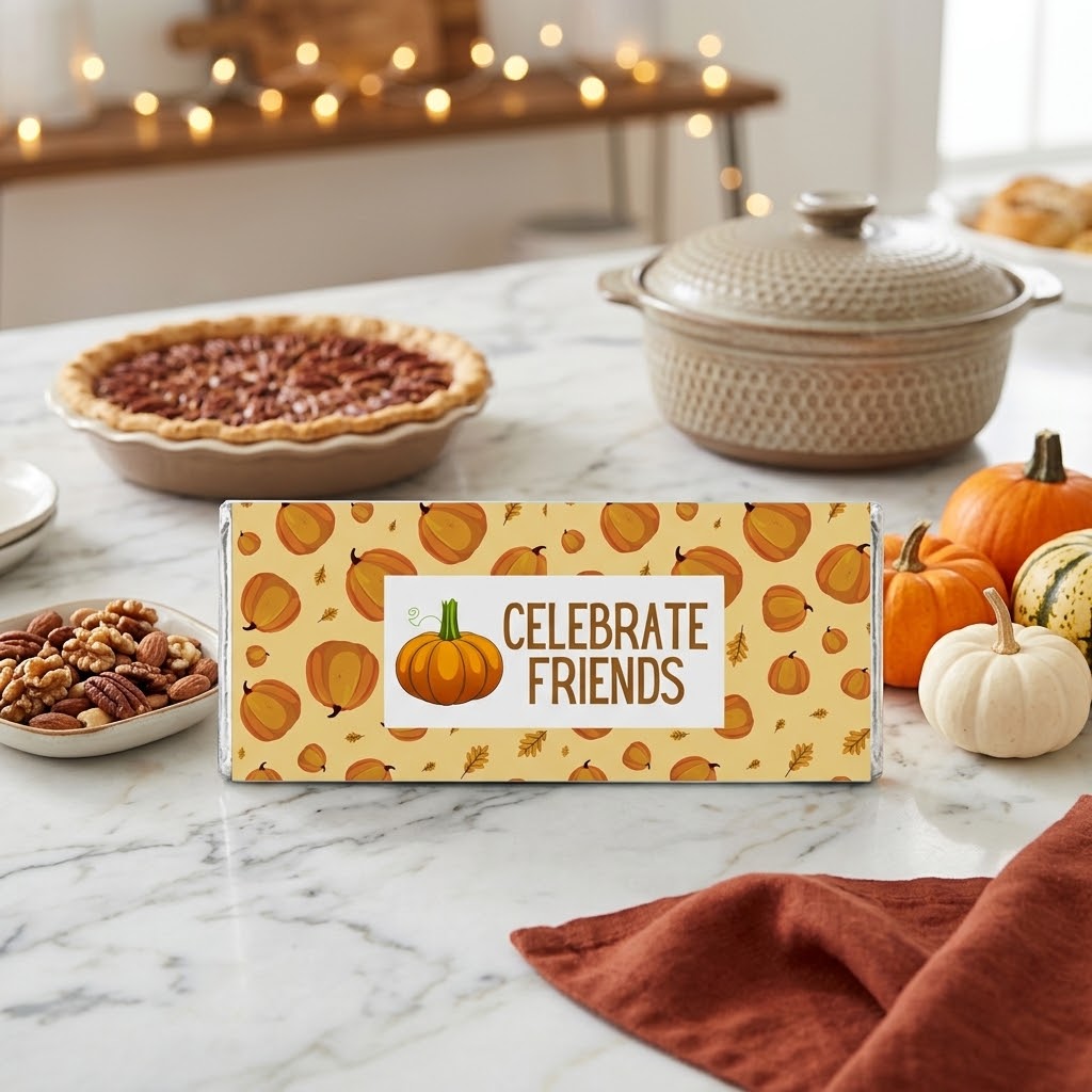 Celebrate Friends design, wrapped Hershey bar on a Friendsgiving potluck kitchen island