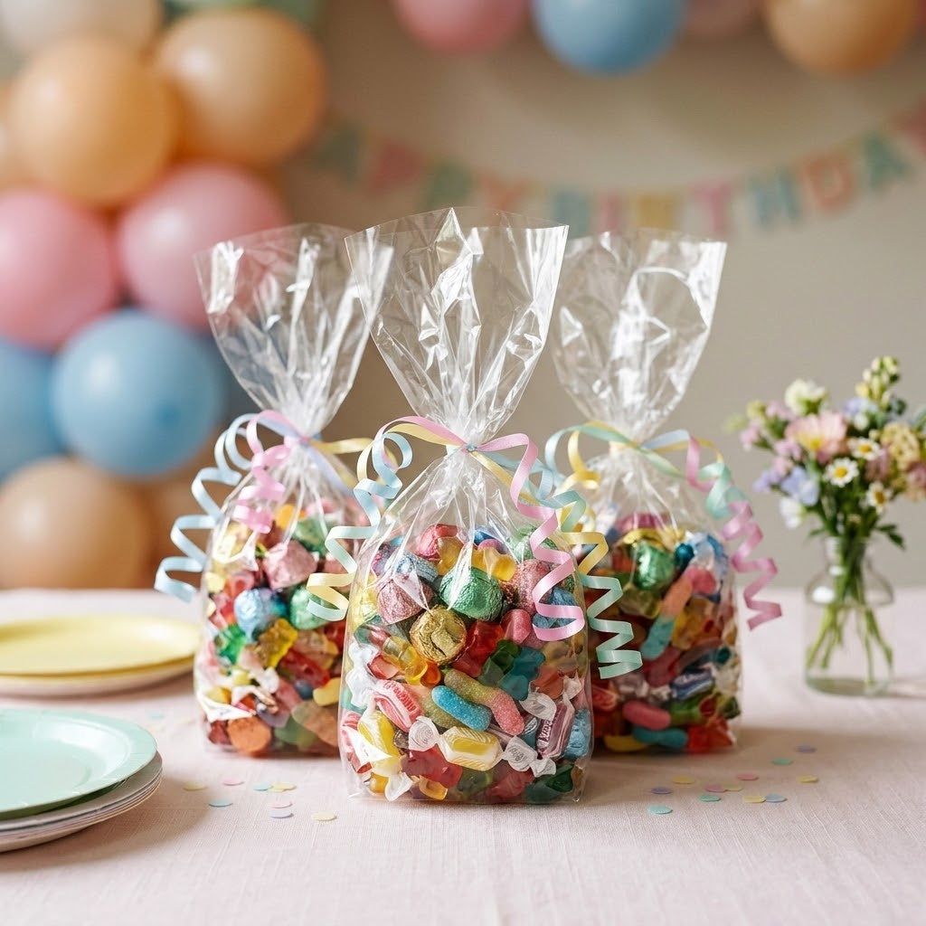 Clear cellophane candy favor bags with ribbons filled with assorted candies on a birthday party gift table, kosher, made in Chestnut Hill MA