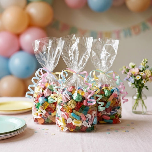 Clear cellophane candy favor bags with ribbons filled with assorted candies on a birthday party gift table, kosher, made in Chestnut Hill MA