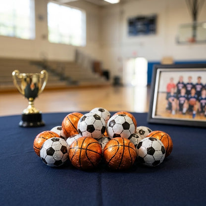 Basketball and soccer ball shaped chocolate favors on a youth sports banquet table, kosher, made in Chestnut Hill MA