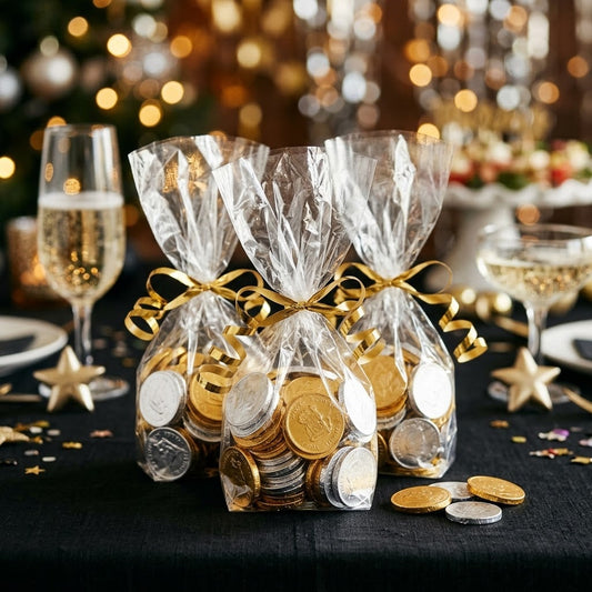 Cellophane party favor bags filled with gold and silver chocolate coins on a New Year's Eve party table, kosher, made in Chestnut Hill MA