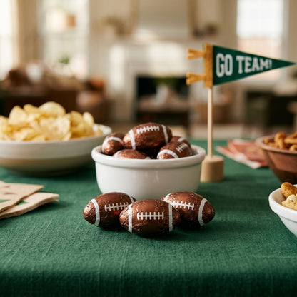 Football shaped milk chocolate favors on a game day party snack table, kosher, made in Chestnut Hill MA