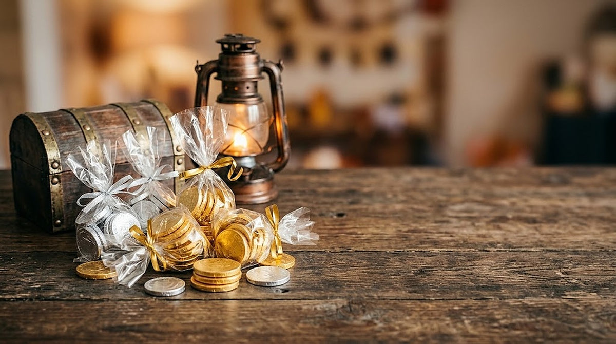 Gold and silver chocolate coins in clear cellophane party favor bags beside a treasure chest and lantern