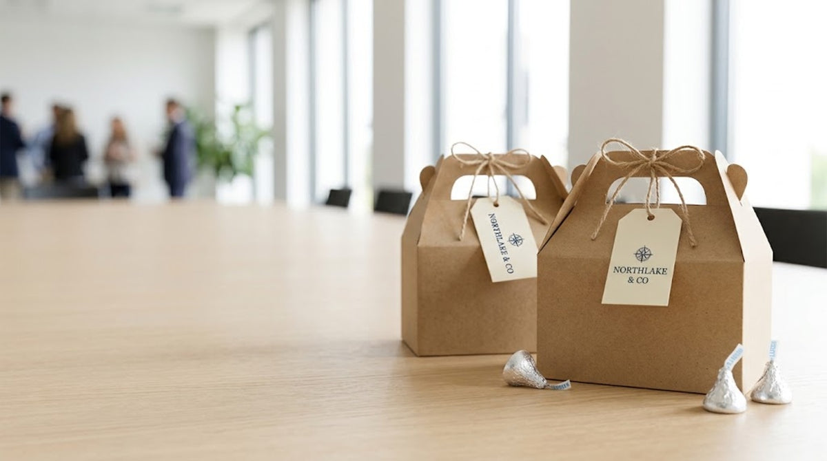 Two kraft gable favor boxes with custom logo hang tags and foil wrapped Hershey's Kisses on a conference table at a corporate event