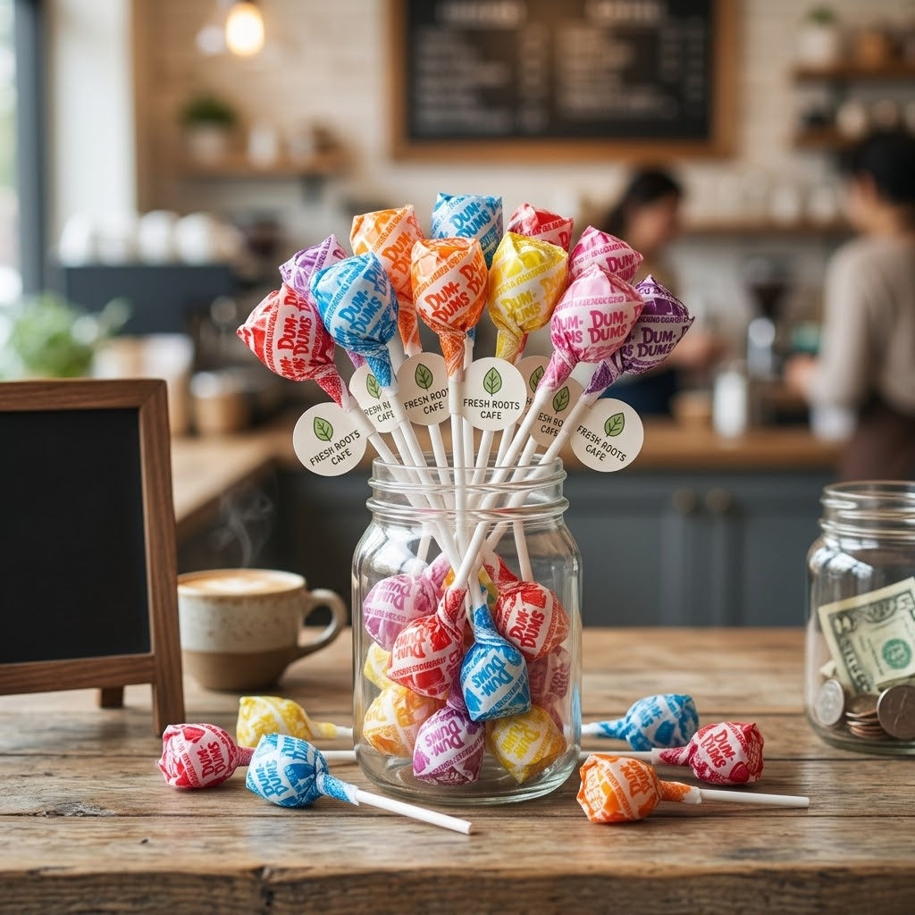 Dum Dums lollipops with custom round logo labels in a glass jar at a cafe checkout counter, kosher, made in Chestnut Hill MA