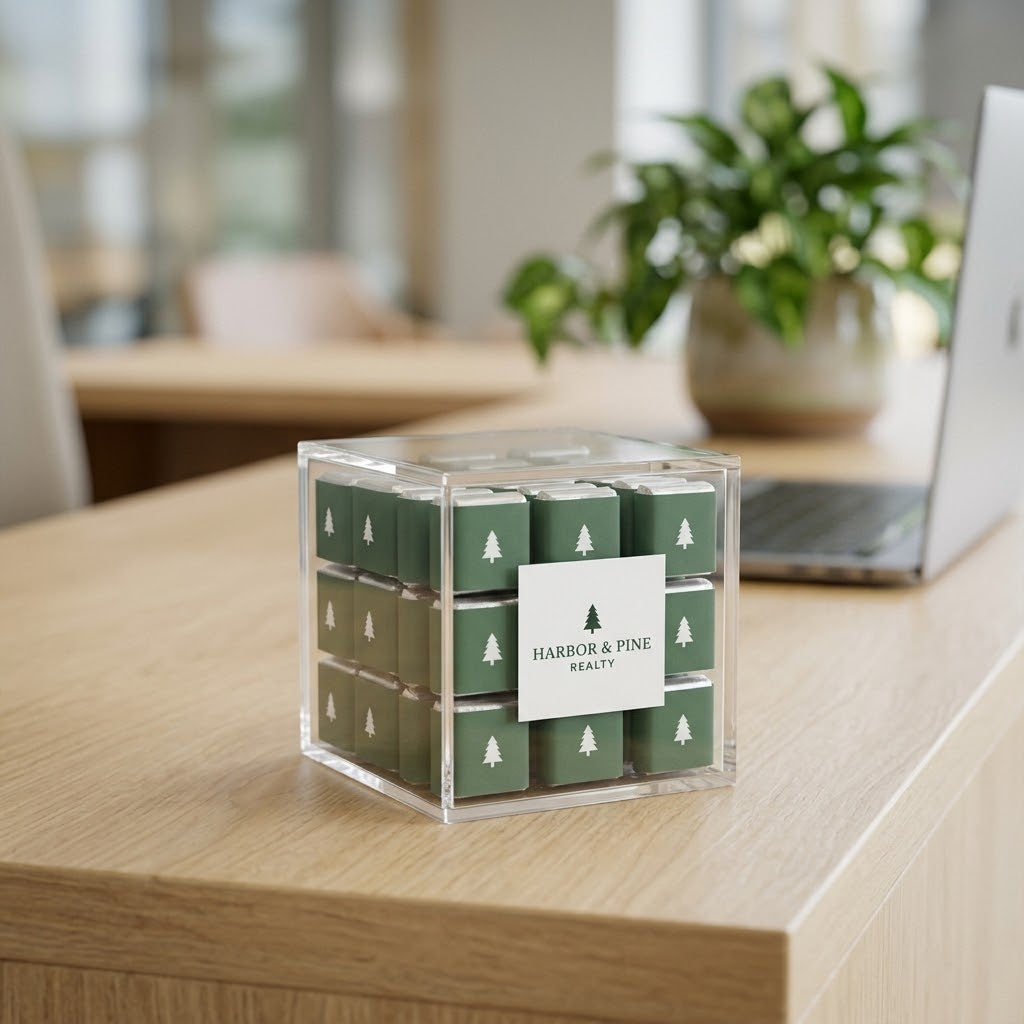 Custom Logo Candy Cube with a Harbor & Pine Realty logo label on an office reception desk, kosher, made in Chestnut Hill MA