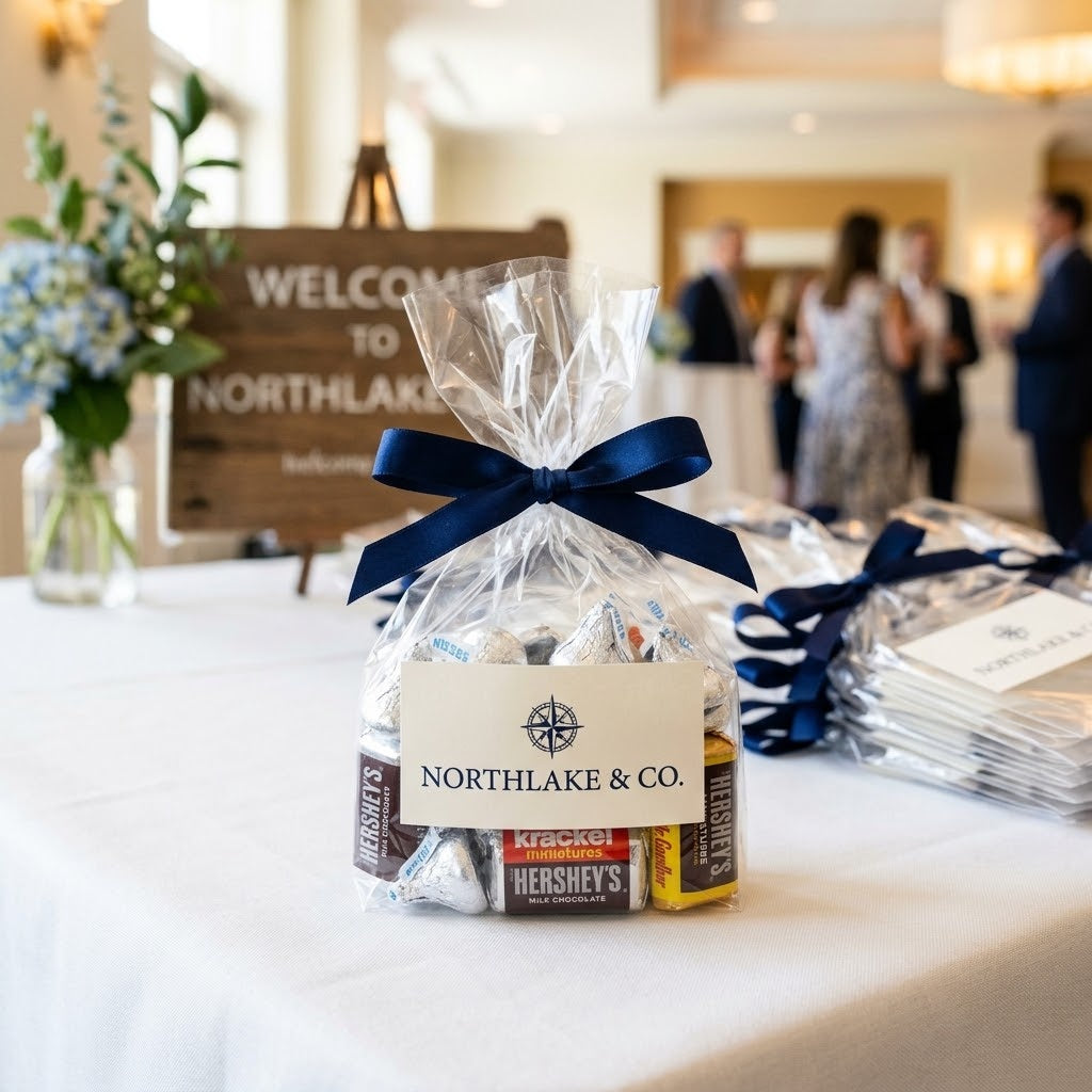 Custom Logo Candy Favor Bag with Hershey's Kisses and Miniatures at a company welcome table, kosher, made in Chestnut Hill MA