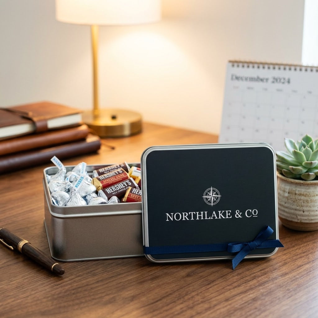 Custom Logo Chocolate Gift Tin with Hershey's Kisses and Miniatures on an executive desk, kosher, made in Chestnut Hill MA