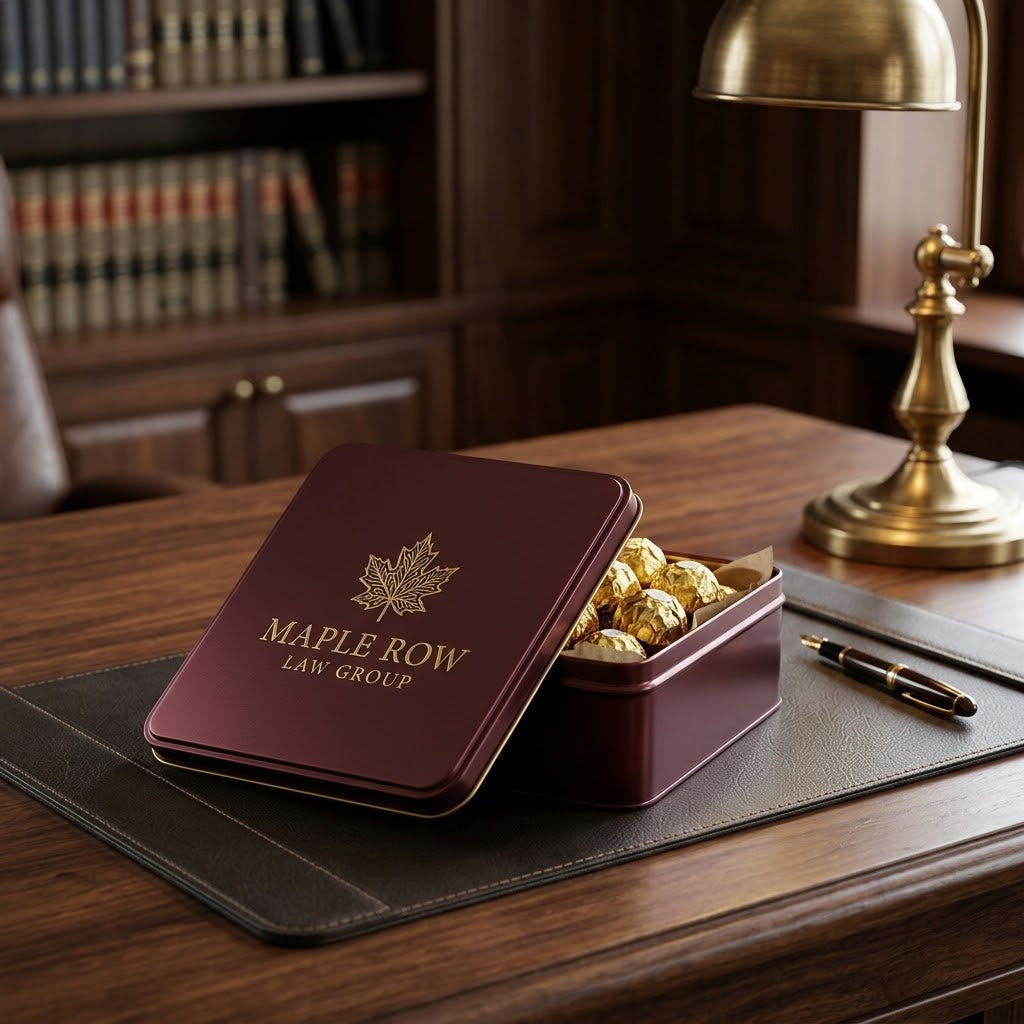 Custom Logo Chocolate Gift Tin with a Maple Row Law Group logo lid on an executive desk, kosher, made in Chestnut Hill MA