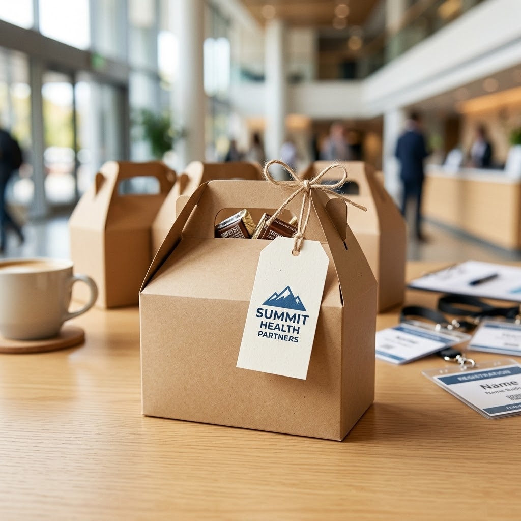 Custom Logo Gable Box with a Summit Health Partners logo gift tag on a corporate event welcome table, kosher, made in Chestnut Hill MA