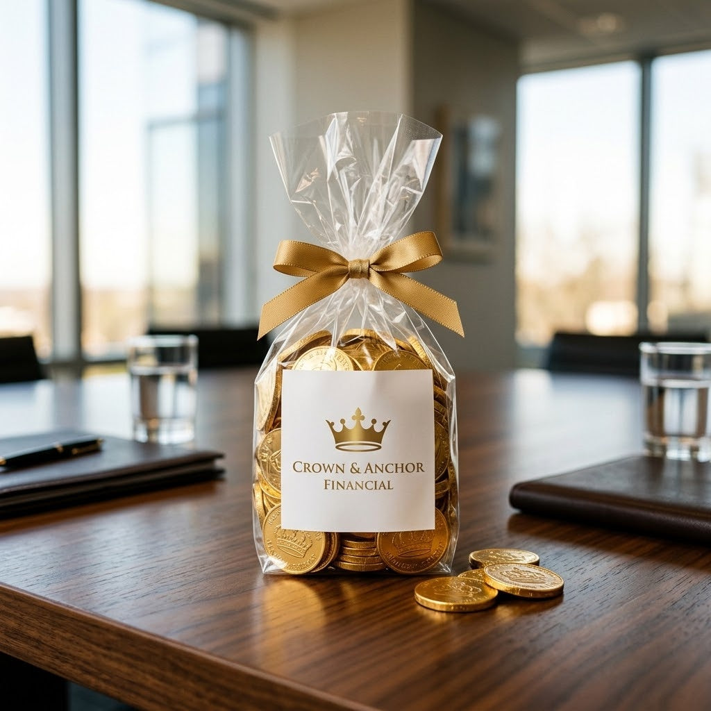Custom Logo Madelaine Coins in a gift bag with a Crown & Anchor Financial logo label on a boardroom table, kosher, made in Chestnut Hill MA