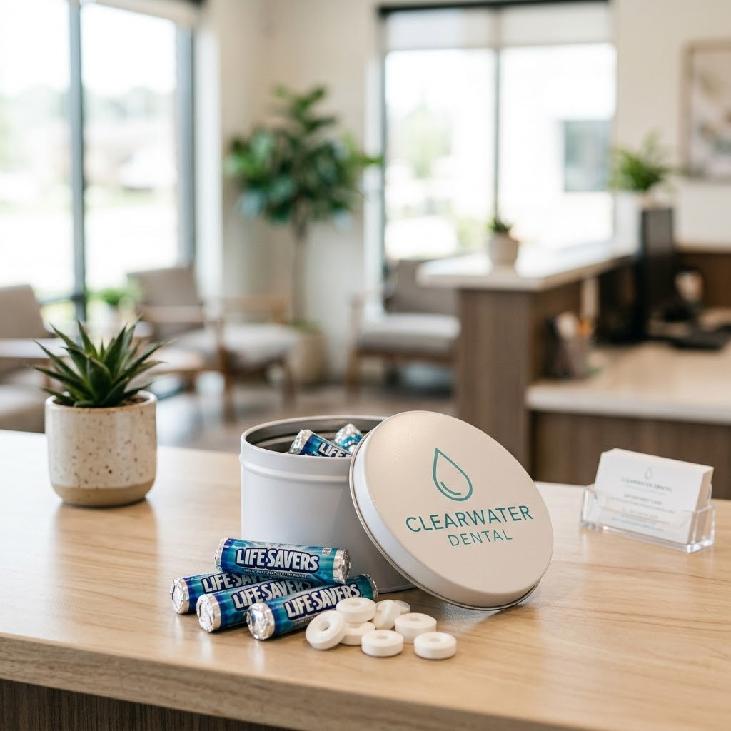 Custom Logo Mints and Life Savers Tin with a Clearwater Dental logo lid on a dental office reception desk, kosher, made in Chestnut Hill MA