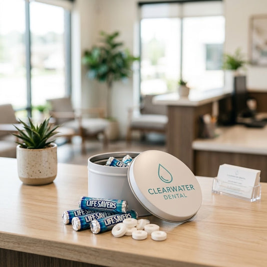 Custom Logo Mints and Life Savers Tin with a Clearwater Dental logo lid on a dental office reception desk, kosher, made in Chestnut Hill MA