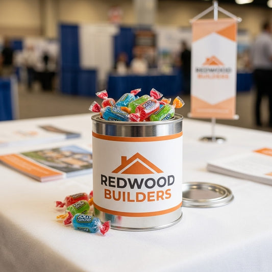 Custom Logo Paint Can filled with Jolly Ranchers and a Redwood Builders logo label on a trade show table, kosher, made in Chestnut Hill MA