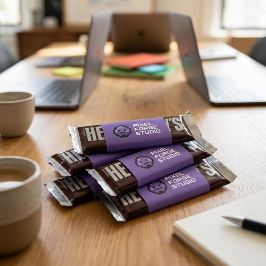 Custom Logo Snack Size Hershey's Bars in original wrappers with a Pixel Forge Studio logo sleeve on an agency conference table, kosher, made in Chestnut Hill MA