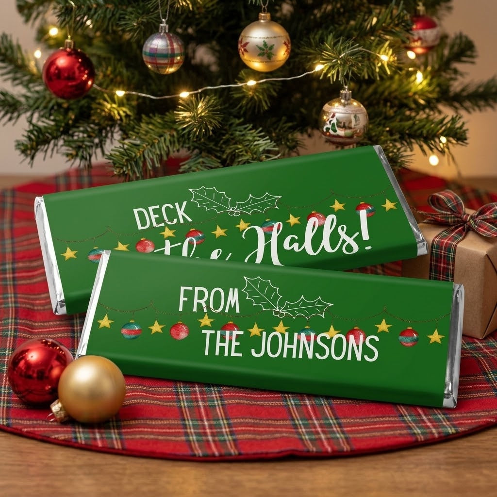 Deck the Halls Ornament Banner design, wrapped Hershey bars, styled under the Christmas tree on a plaid tree skirt with ornaments and a wrapped gift