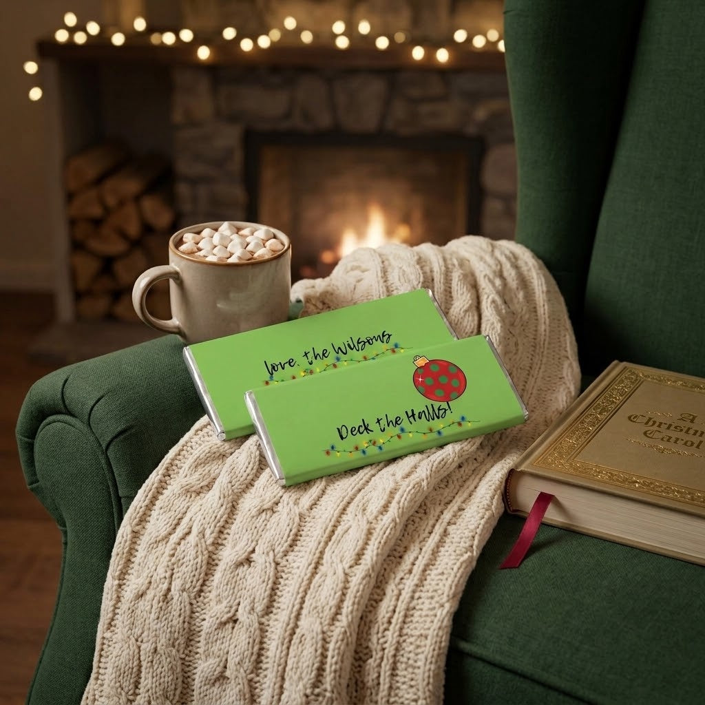 Deck the Halls wrapped Hershey's chocolate bars resting on the arm of a green upholstered armchair by the fireplace, with a mug of hot cocoa and marshmallows and a hardcover book beside them