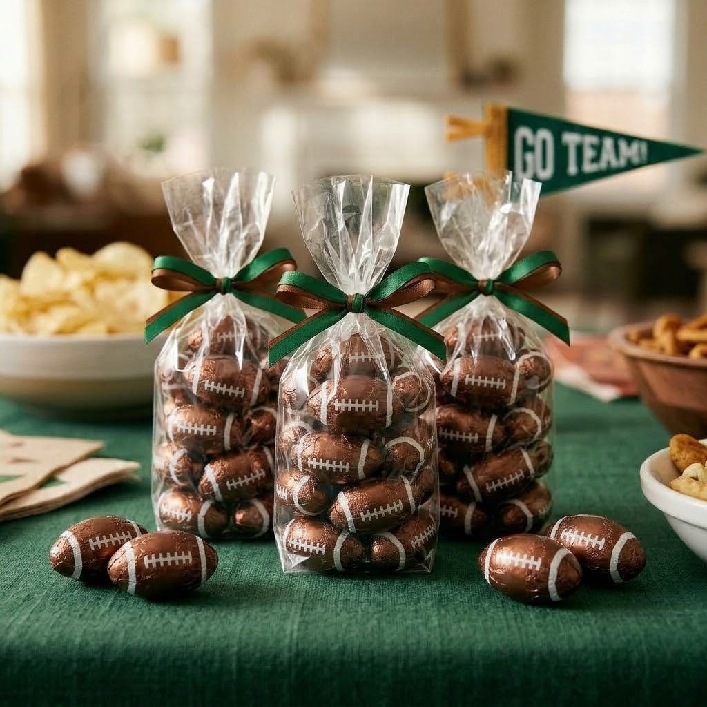 Foil-wrapped milk chocolate footballs packed in clear cellophane party favor bags tied with green and brown ribbon on a game day table