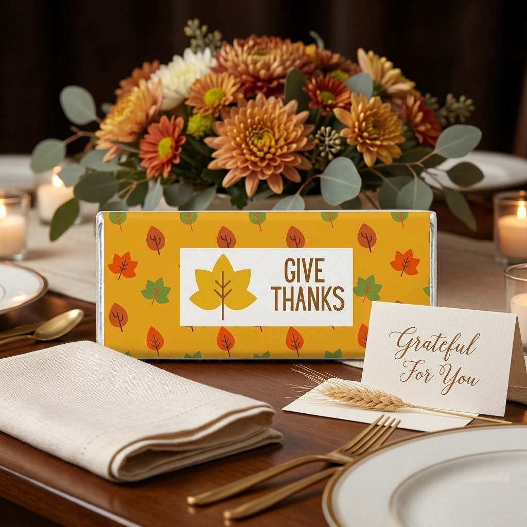 Give Thanks design, wrapped Hershey bar styled on an elegant Thanksgiving table setting