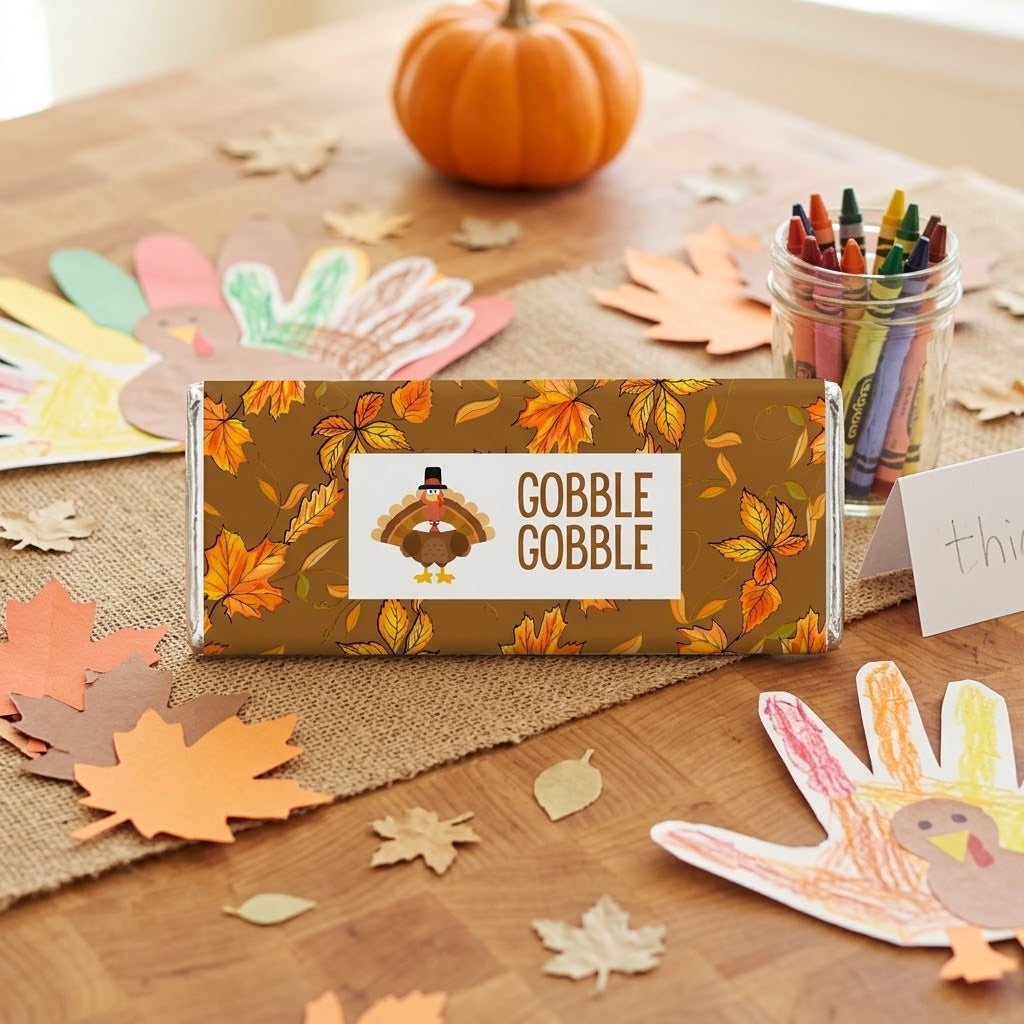 Gobble Gobble design, wrapped Hershey bar on a kids Thanksgiving craft table