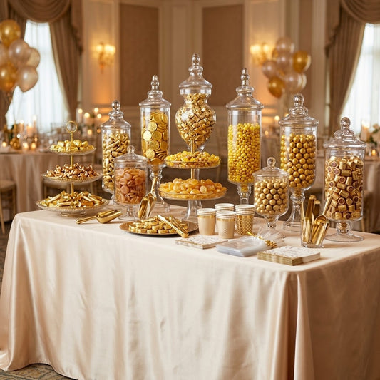 Gold candy buffet with glass apothecary jars of gold candies styled for an anniversary gala, kosher, made in Chestnut Hill MA