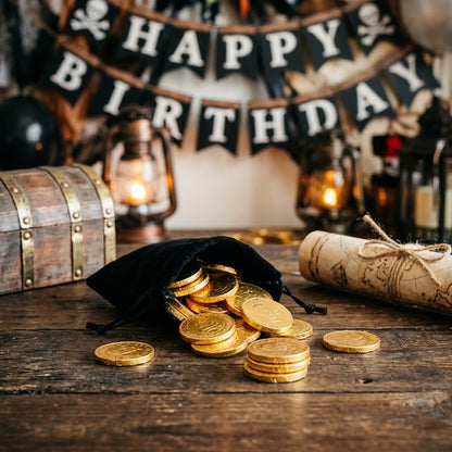 Gold foil wrapped chocolate coins spilling from a velvet pouch on a pirate themed birthday party table, kosher, made in Chestnut Hill MA