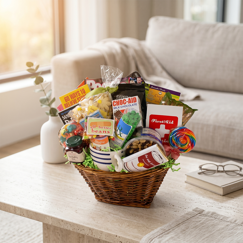 Large gourmet get well gift basket with soup, tea, cookies, a mug, chocolates, candies and a novel in a willow basket