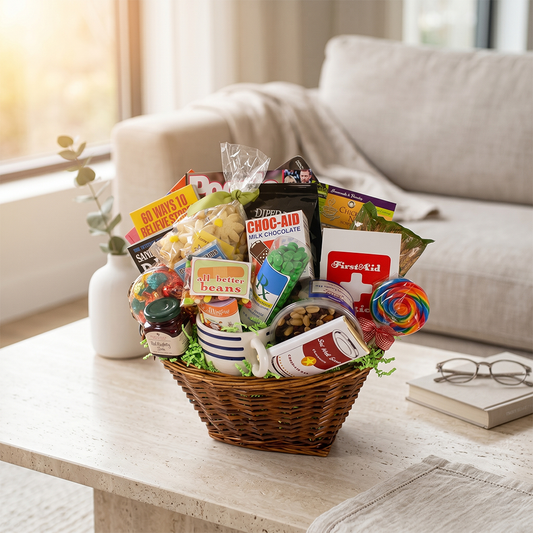 Large gourmet get well gift basket with soup, tea, cookies, a mug, chocolates, candies and a novel in a willow basket