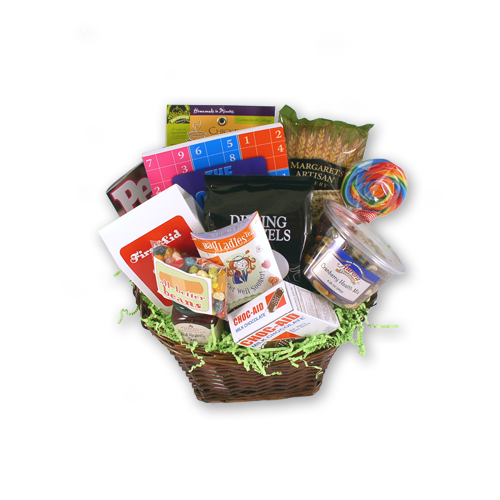Gourmet get well gift basket with chicken noodle soup, tea, cookies, jelly beans, a crossword book and chocolate band aids in a willow basket