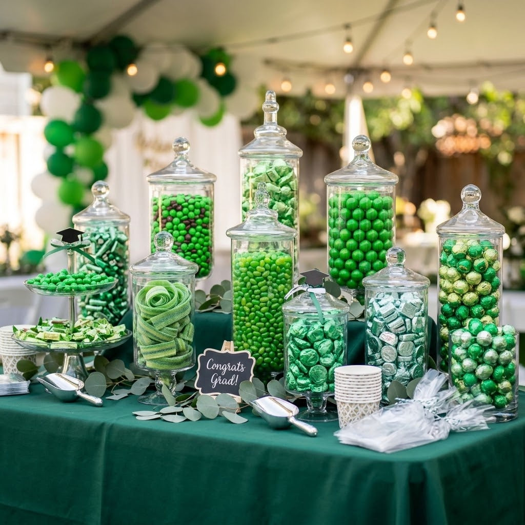 Green candy buffet with glass apothecary jars of green candies styled for a graduation party, kosher, made in Chestnut Hill MA