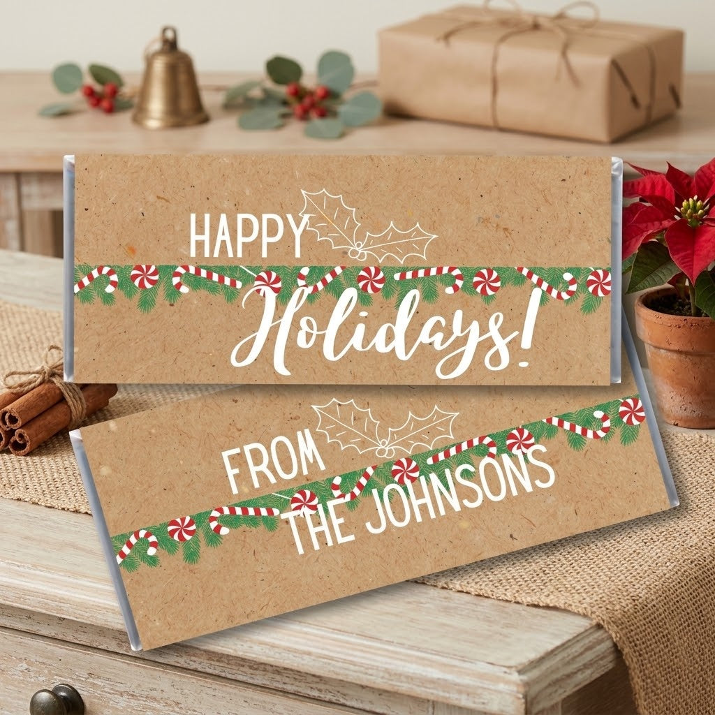 Happy Holidays design, wrapped Hershey bars in kraft paper with peppermint garland, styled on an entryway console with cinnamon sticks and a poinsettia