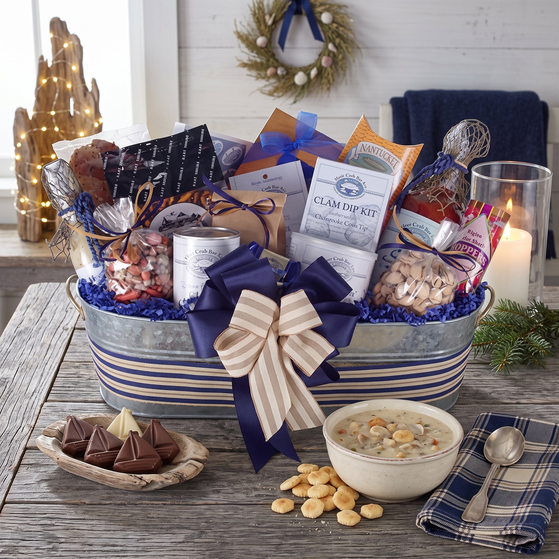Holiday by the sea gift basket in a navy striped galvanized tub with clam chowder, Harbor Sweets and gourmet crackers, on a rustic table in a coastal cabin at Christmas
