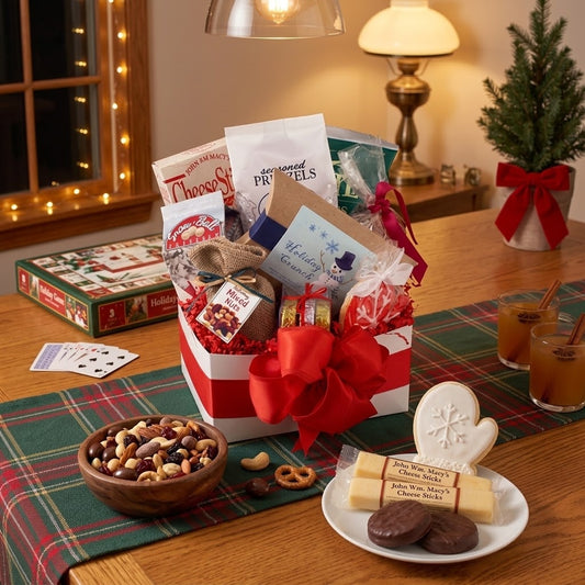 Holiday Crunch Gift Box Regular size: a white gift box with red crinkle tied with a big red satin bow, filled with holiday snacks, styled on a honey wood table with a tartan plaid runner and a small Christmas tree