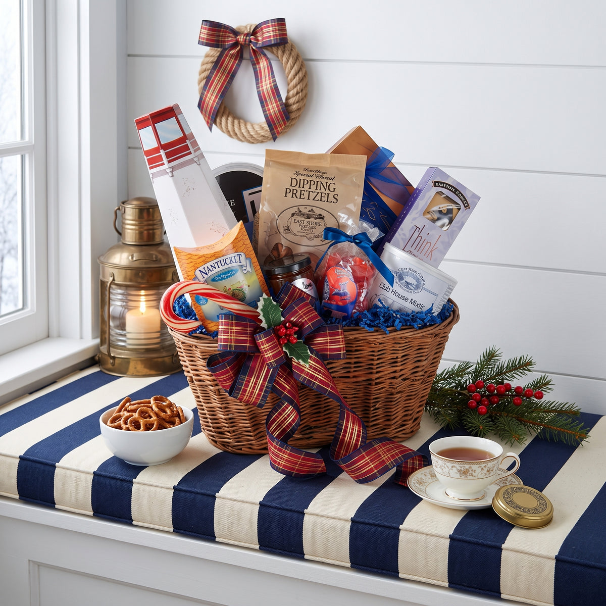 Holiday sails gift basket in woven willow with tartan ribbon, dipping pretzels, Nantucket tea and a lighthouse candy box, on a coastal cottage window seat at Christmas