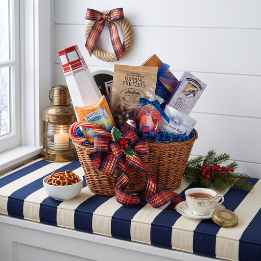 Holiday sails gift basket in woven willow with tartan ribbon, dipping pretzels, Nantucket tea and a lighthouse candy box, on a coastal cottage window seat at Christmas