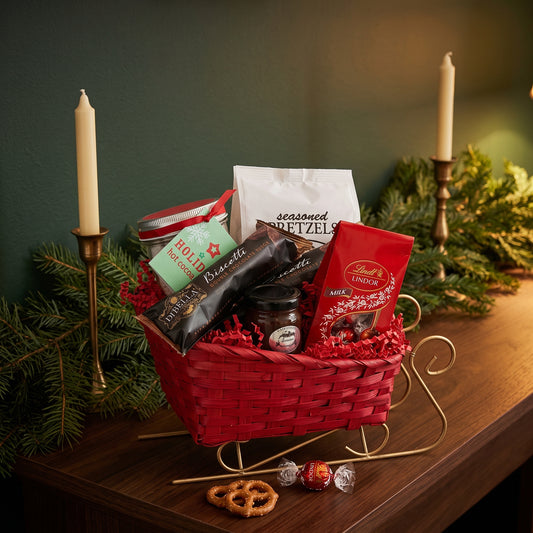 Holiday sleigh gift basket on gold runners filled with pretzels, cocoa, biscotti and Lindt chocolates, styled on a wood mantel with spruce and candles
