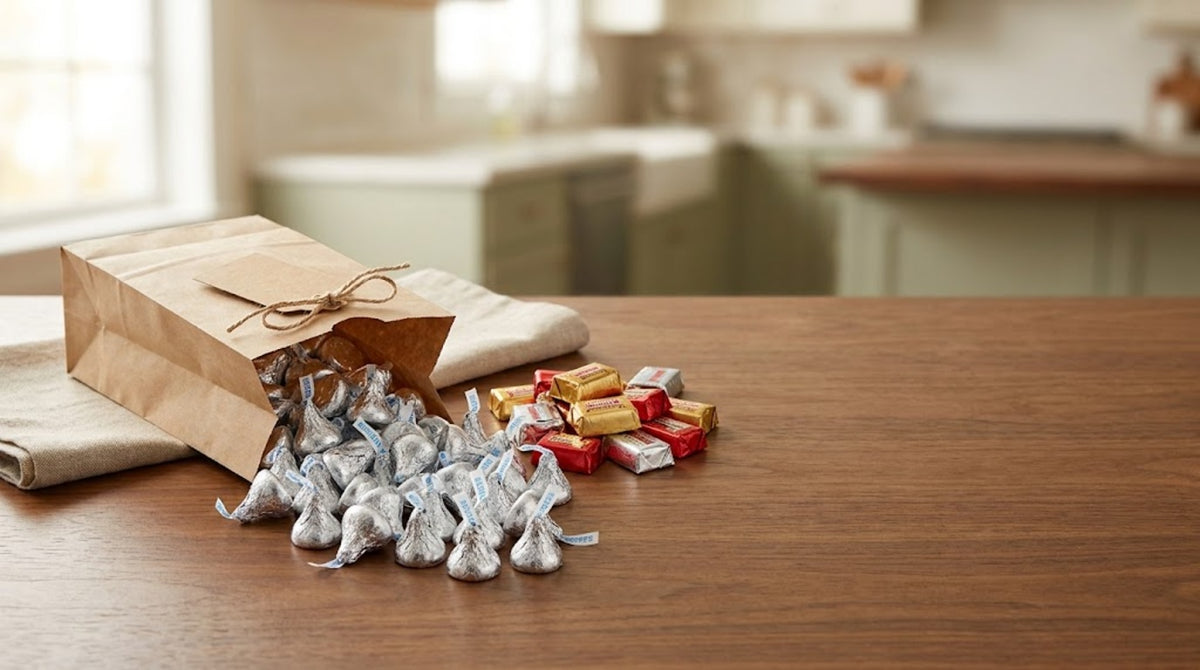 Silver foil wrapped Hershey's Kisses and miniature chocolate bars spilling from a kraft paper bag on a warm walnut table in a cozy kitchen