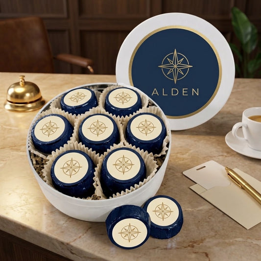 Fourteen custom logo chocolate dipped Oreos wrapped in navy foil with printed hotel crest stickers, packed in a white keepsake tin with a branded lid propped behind, set on a hotel concierge desk with a brass bell and key card