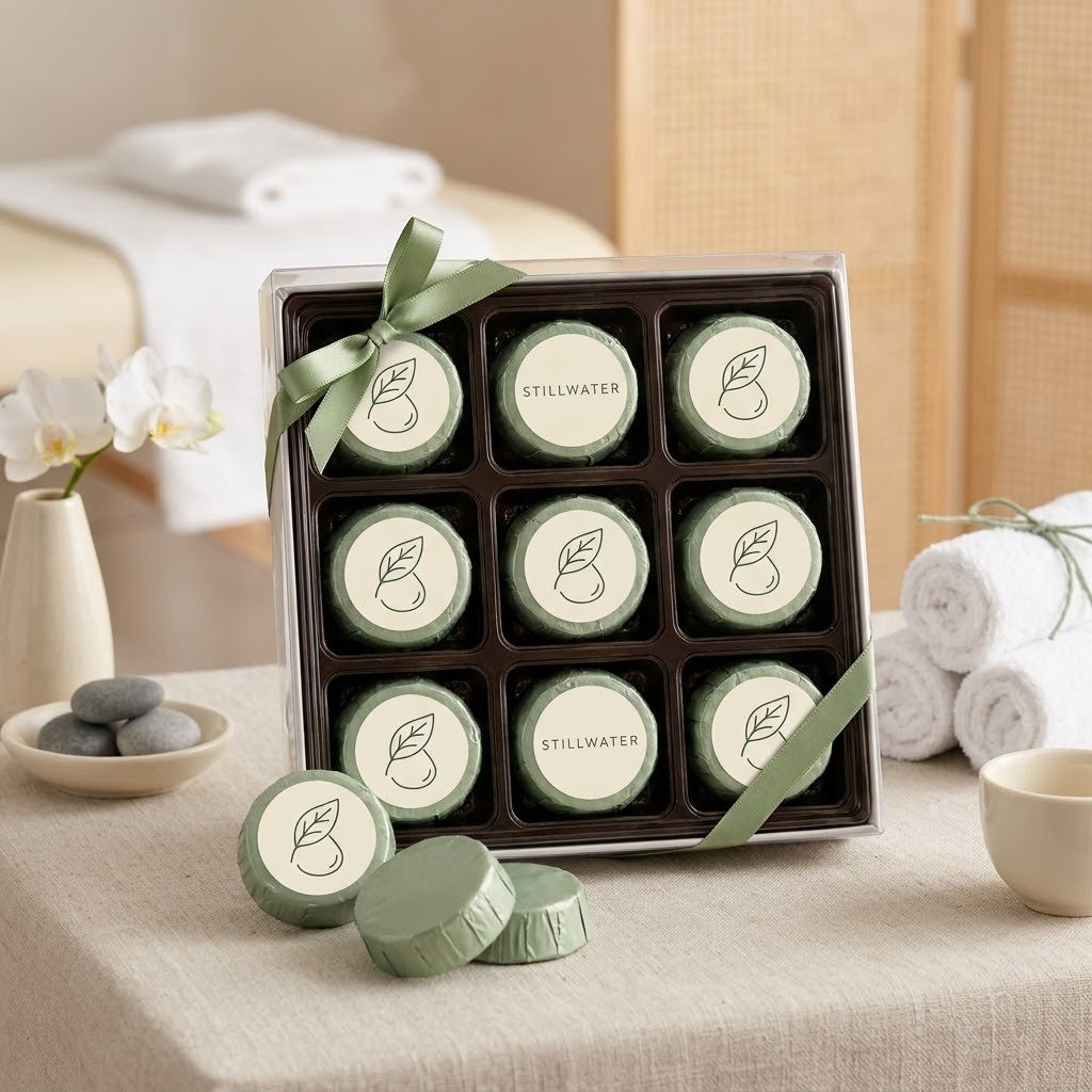 Nine custom logo chocolate dipped Oreos wrapped in sage green foil with printed spa logo stickers, packed in a clear lidded gift box tied with a sage ribbon, set on a treatment room side table with rolled towels and an orchid