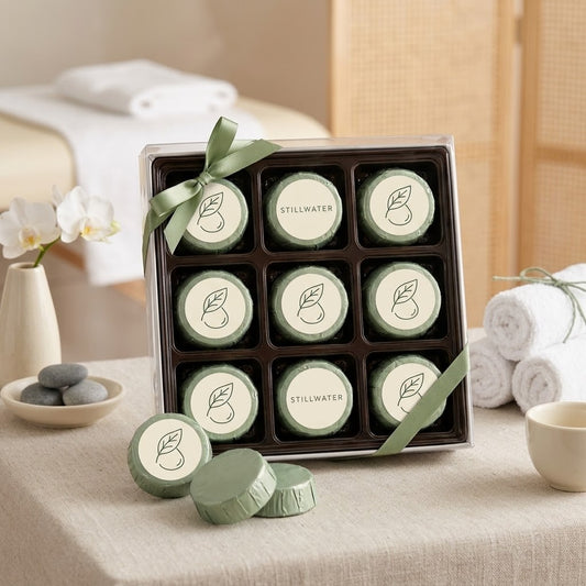 Nine custom logo chocolate dipped Oreos wrapped in sage green foil with printed spa logo stickers, packed in a clear lidded gift box tied with a sage ribbon, set on a treatment room side table with rolled towels and an orchid