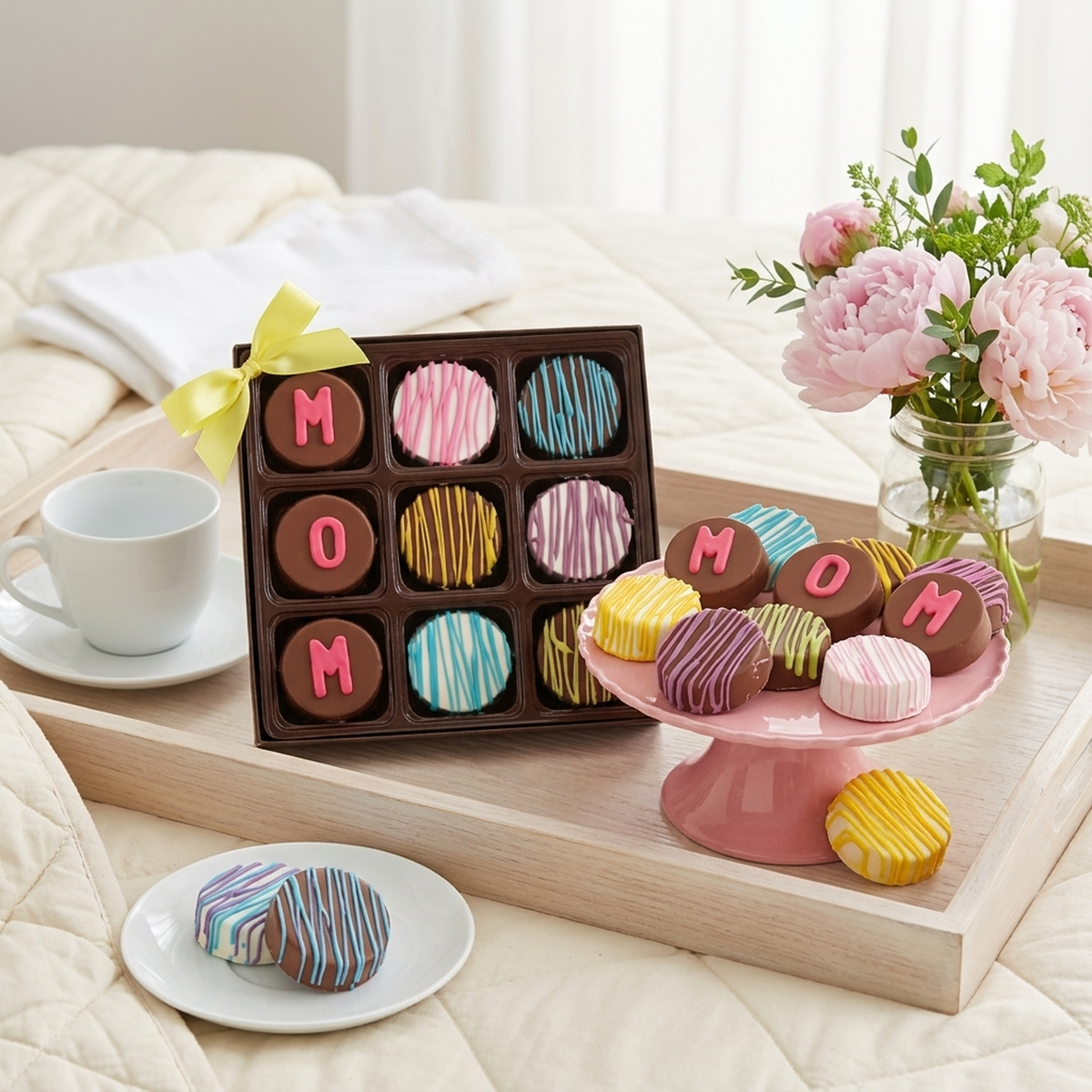 Iris Lee 9-pack Mother's Day dipped Oreos gift box spelling MOM with colourful drizzle, on a breakfast tray in a bedroom with garden flowers