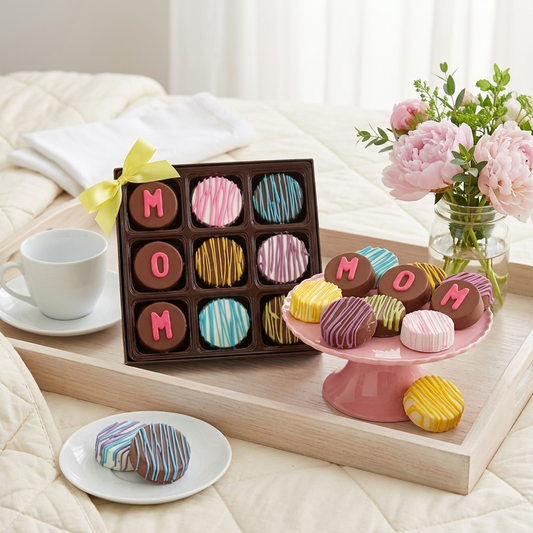Iris Lee 9-pack Mother's Day dipped Oreos gift box spelling MOM with colourful drizzle, on a breakfast tray in a bedroom with garden flowers