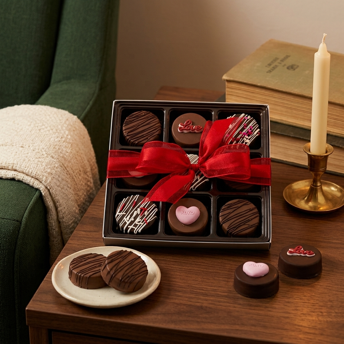 Iris Lee 9-pack Valentine's Day dipped Oreos gift box tied with a red ribbon, on a side table beside an armchair in warm evening light