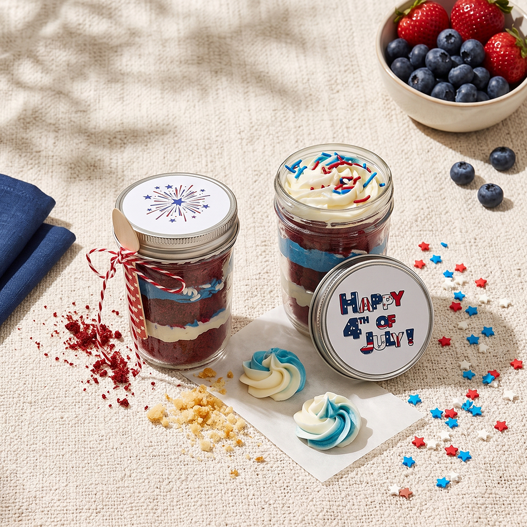 Two All-American cupcake jars with red velvet cake, white and blue buttercream, patriotic sprinkles and Happy 4th of July and firework lid labels, tied with red and white twine and a wooden spoon, kosher, made in Chestnut Hill MA