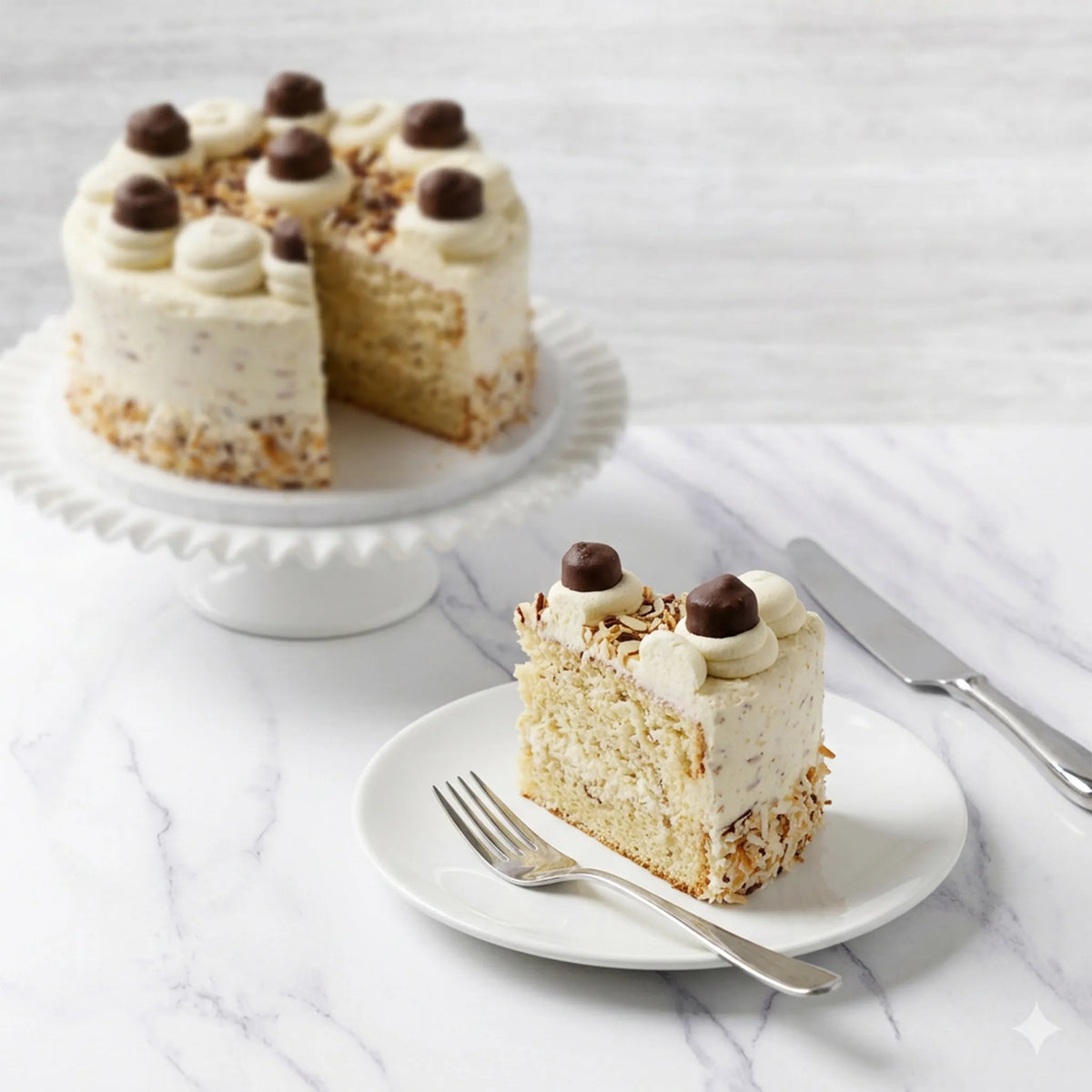 Slice of Almond Joy candy cake with coconut almond buttercream and toasted coconut beside the cut cake, kosher, made in Chestnut Hill MA