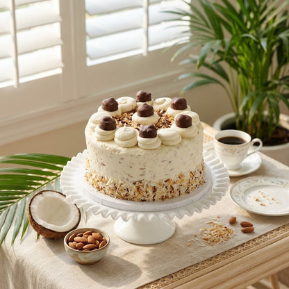 Coconut buttercream Almond Joy cake with a toasted coconut band and chocolate candy on top on a white milk glass stand, kosher, made in Chestnut Hill MA