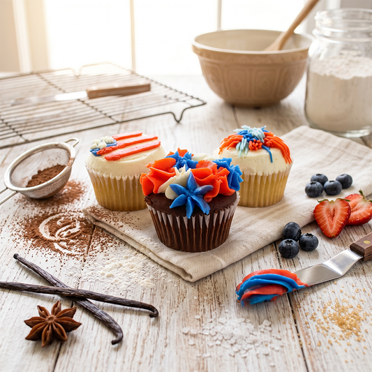 American kosher cupcake with vanilla frosting, star sprinkles, and flag topper